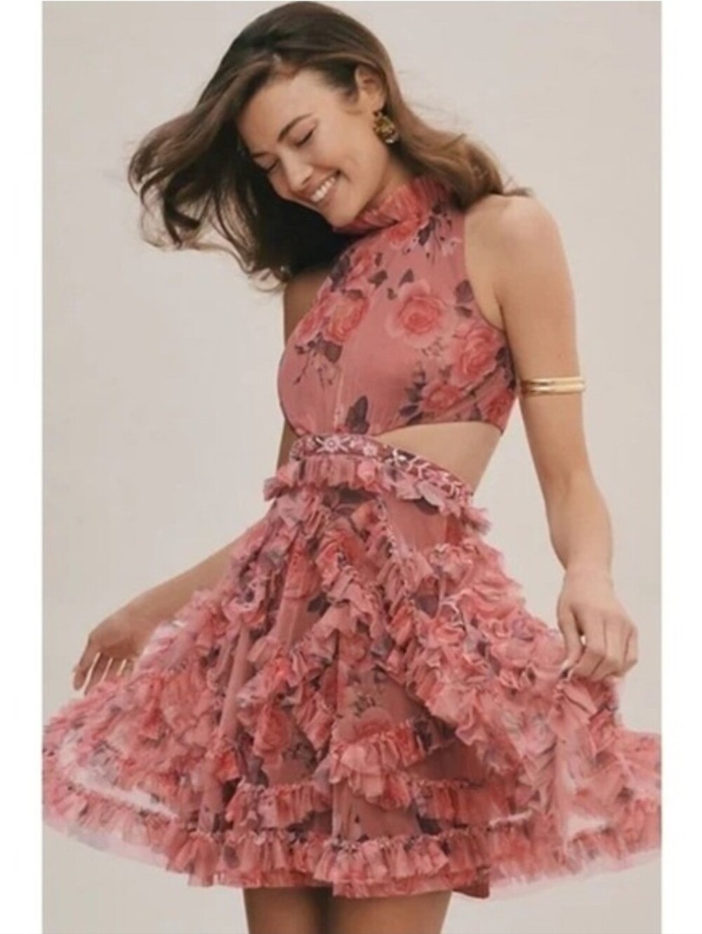 Mac Duggal Ruffled Cutout Halter Dustu Rose Floral Mini Dress Sz 6 - Picture 2 of 16